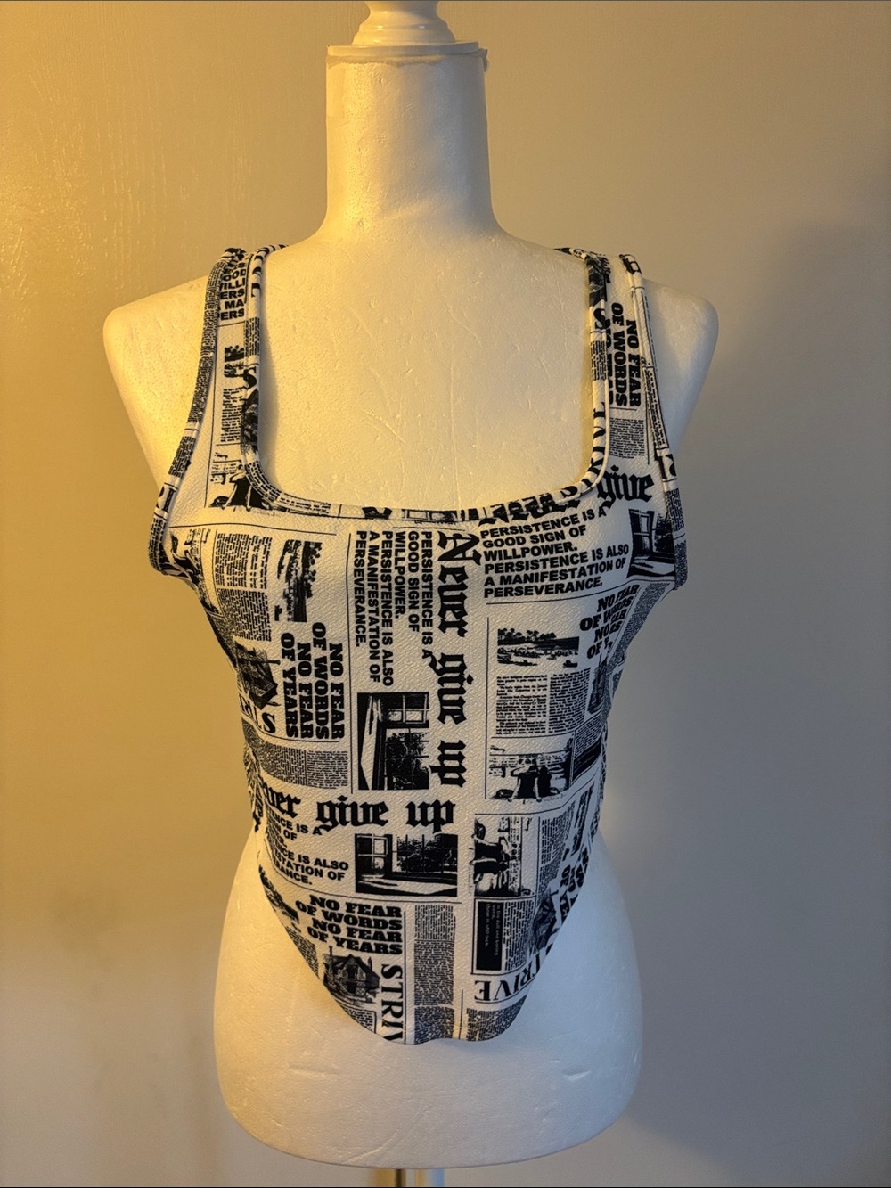 Black & White Newspaper Print Square Neck Tank Top